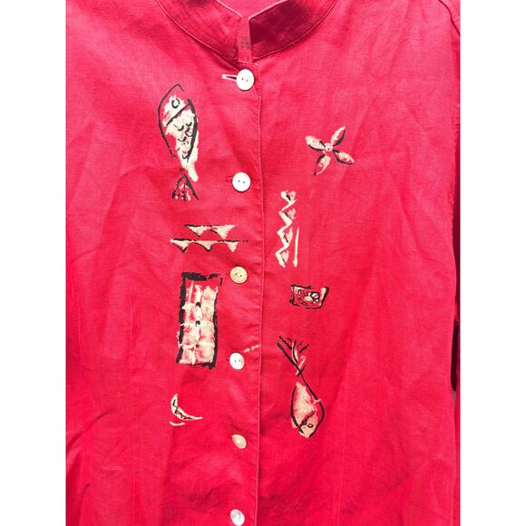 Chicos Red Linen Tunic Fish Design Mandarin Collar Button Up Size 1 or Women’s M - Picture 3 of 7